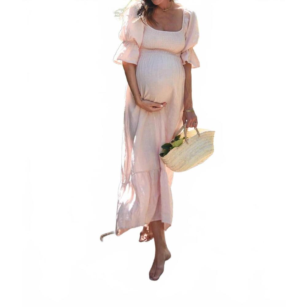 Maternity Maxi Dress with Puff Sleeves - Blush Pink
